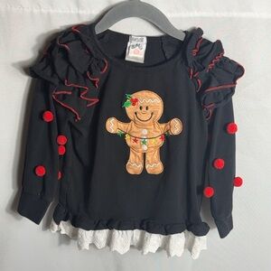 Mia Belle Girls Gingerbread Ruffle Christmas Top Black 4T Holiday Lace Trim